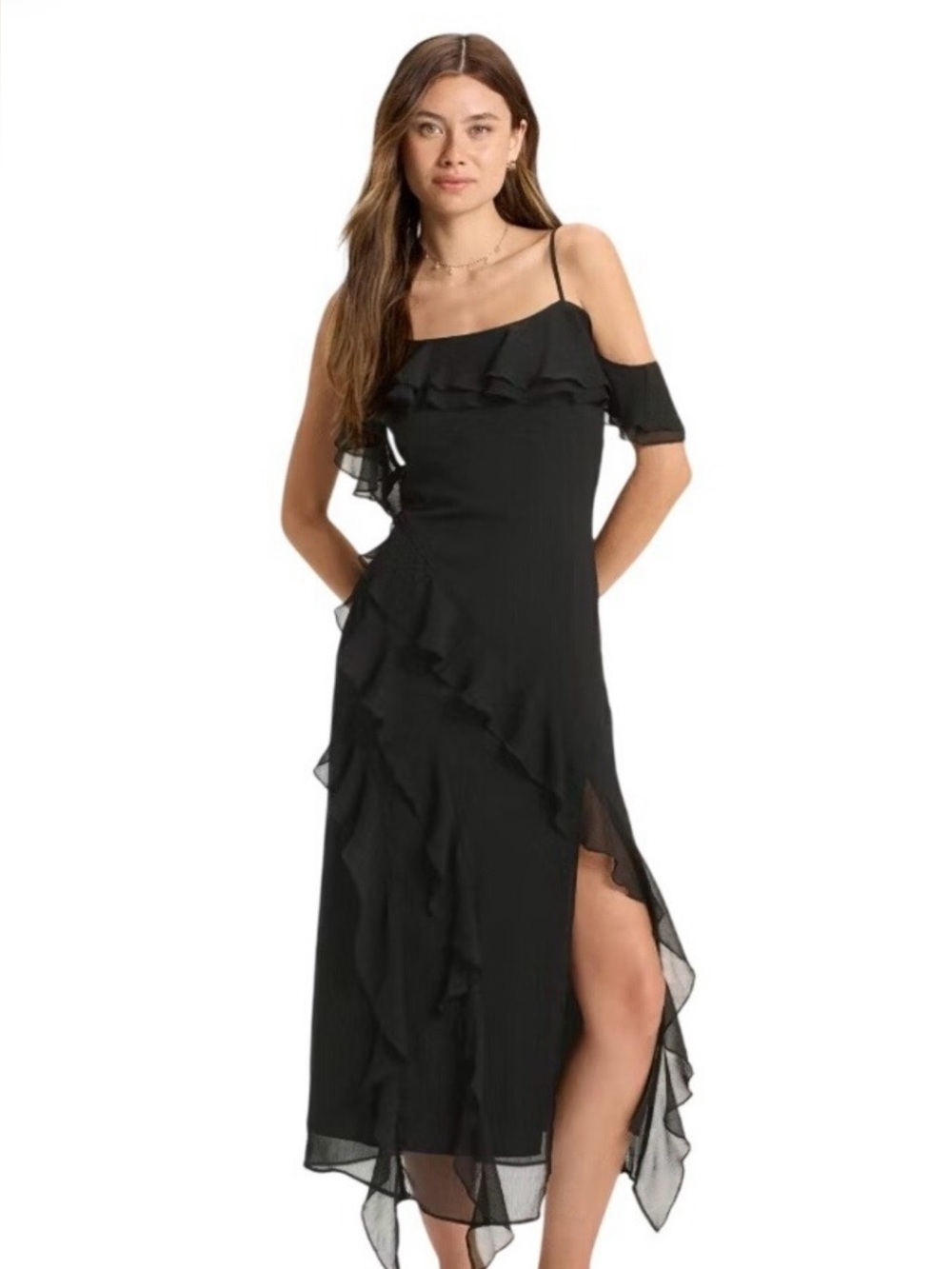 Black Ruffle Strap Maxi Dress - Elegant Evening Style